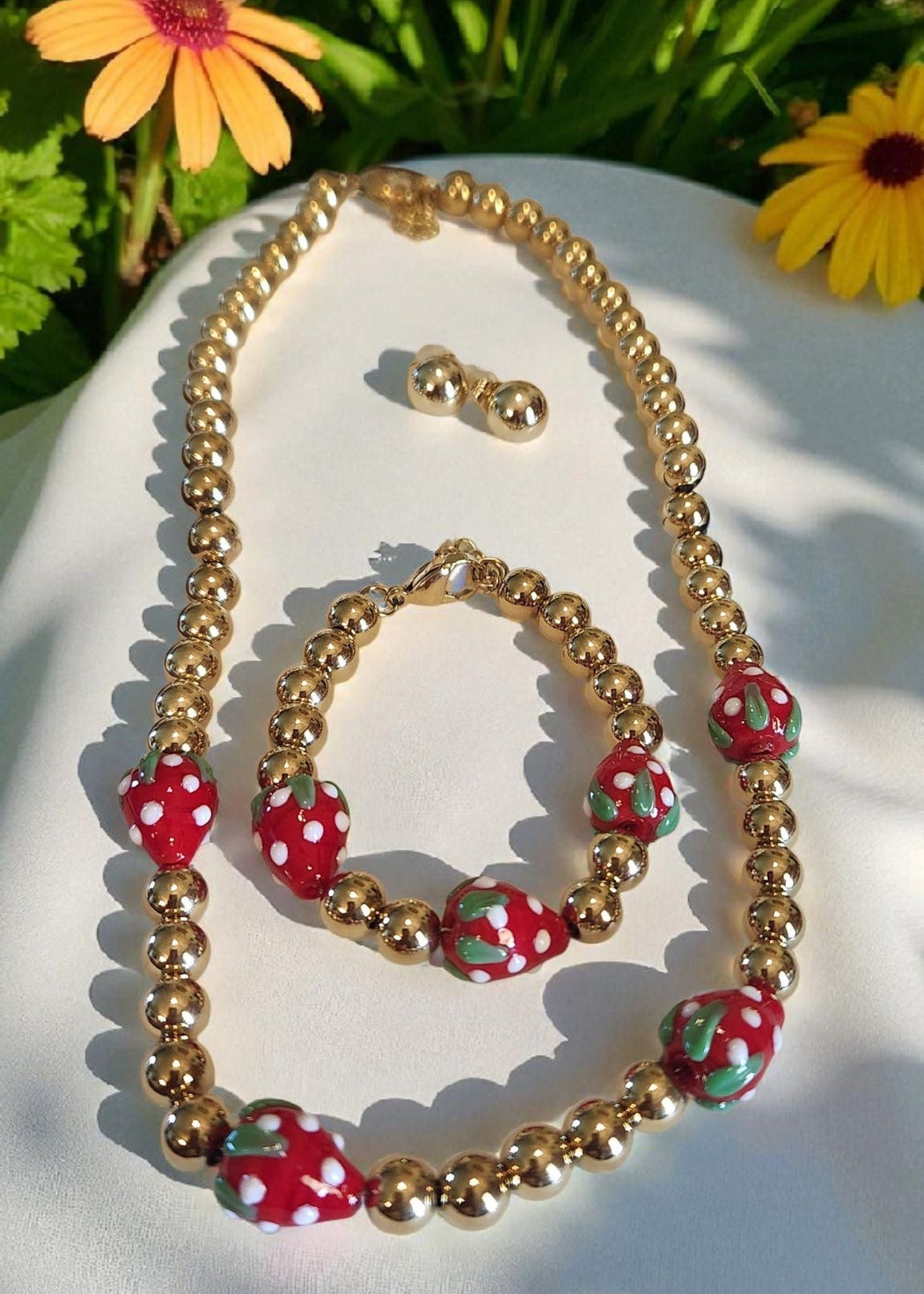 Strawberry Golden Bead Chain, Bracelet & Earring Set
