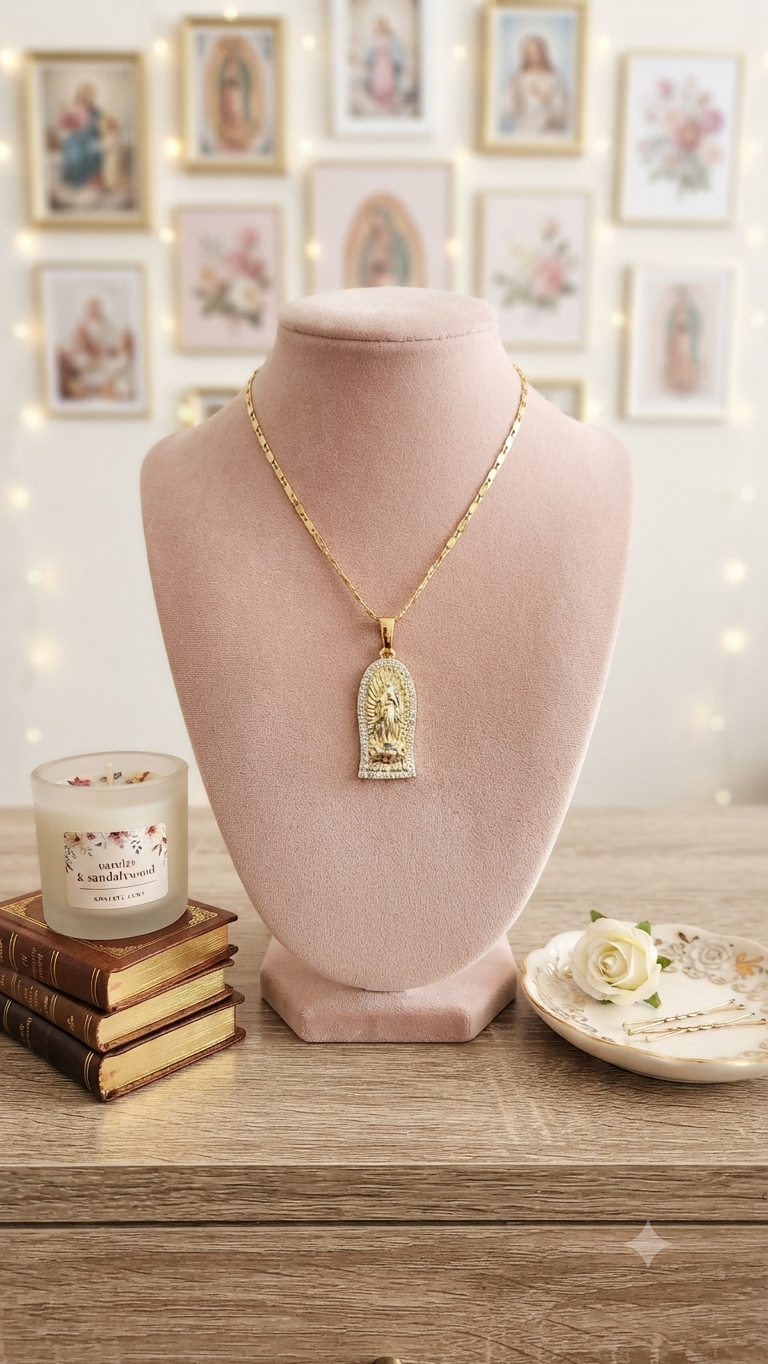 Gold platted virgin Mary frame necklace