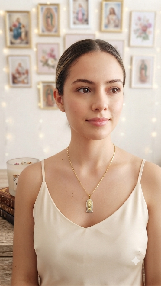 Gold platted virgin Mary frame necklace