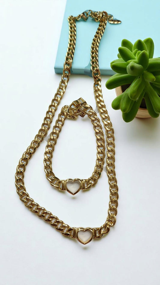 Heart Cuban Style Chain & Bracelet 45cm