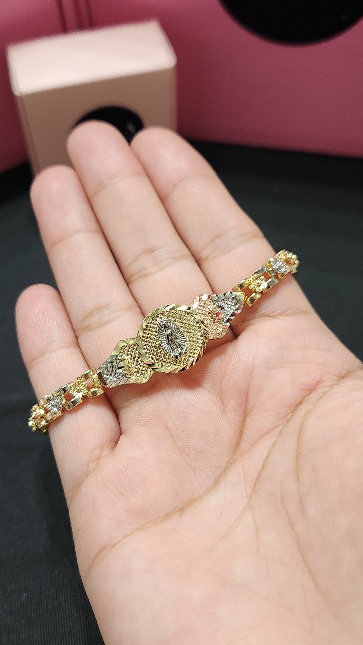Tri-Gold Flower Style Virgen de Guadalupe
